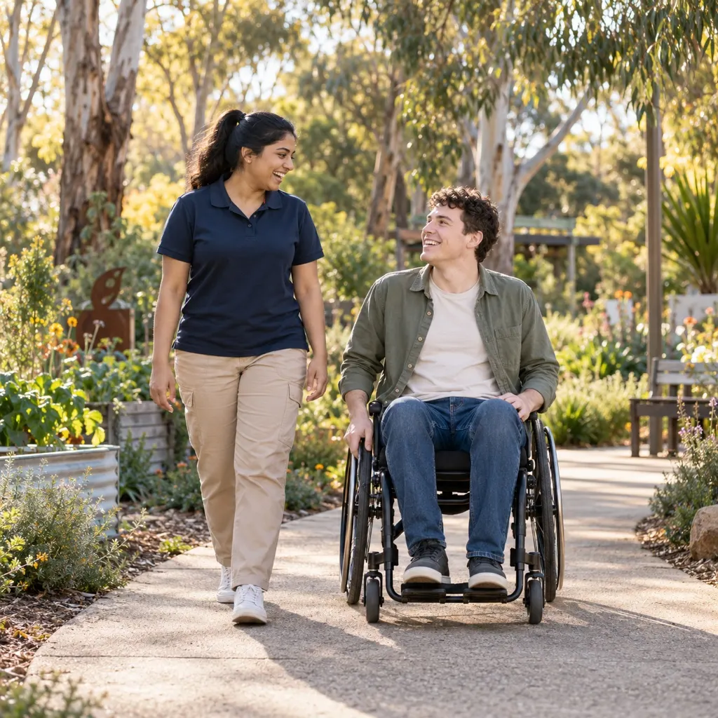 Support worker with a young man in a wheelchair in a community garden