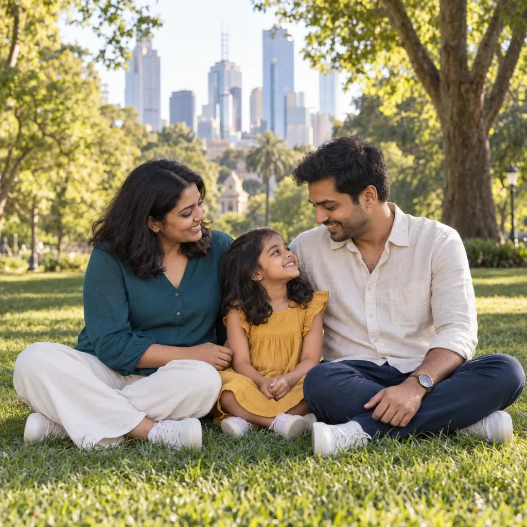 Migrant family relaxing in a Melbourne park