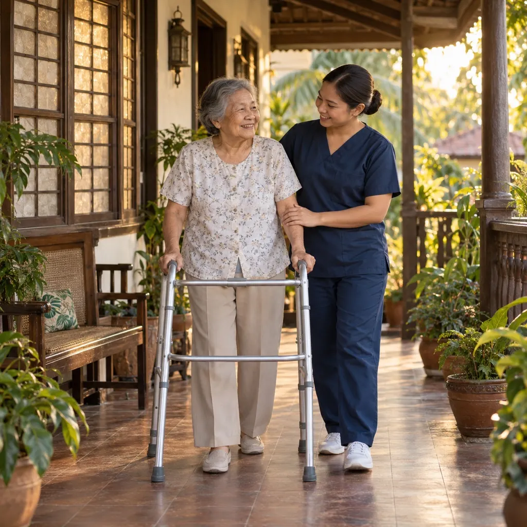 Caregiver helping an elderly woman walk with a walking frame