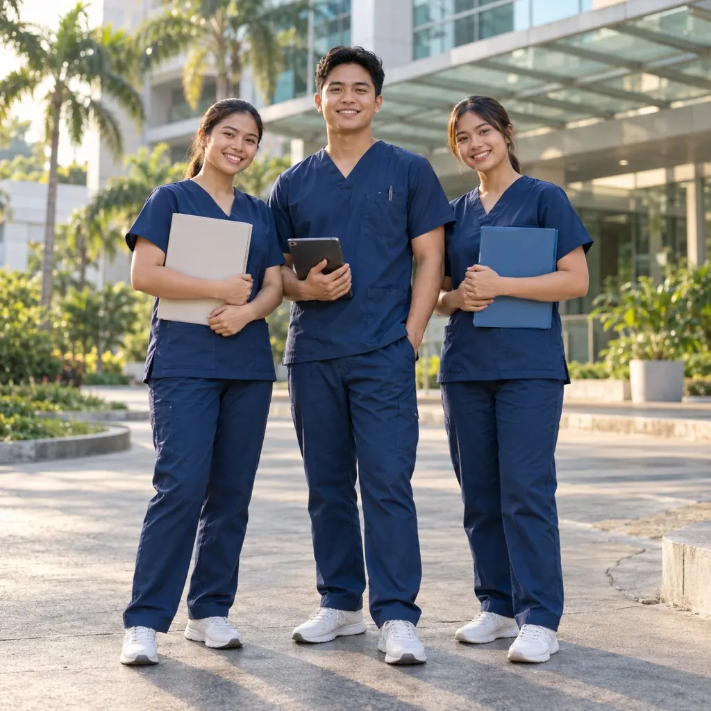 Filipino healthcare graduates outside a training hospital