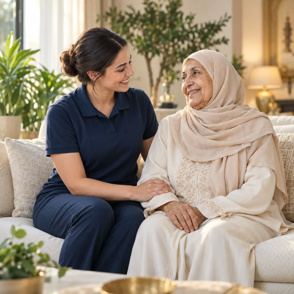 Care worker supporting an elderly woman