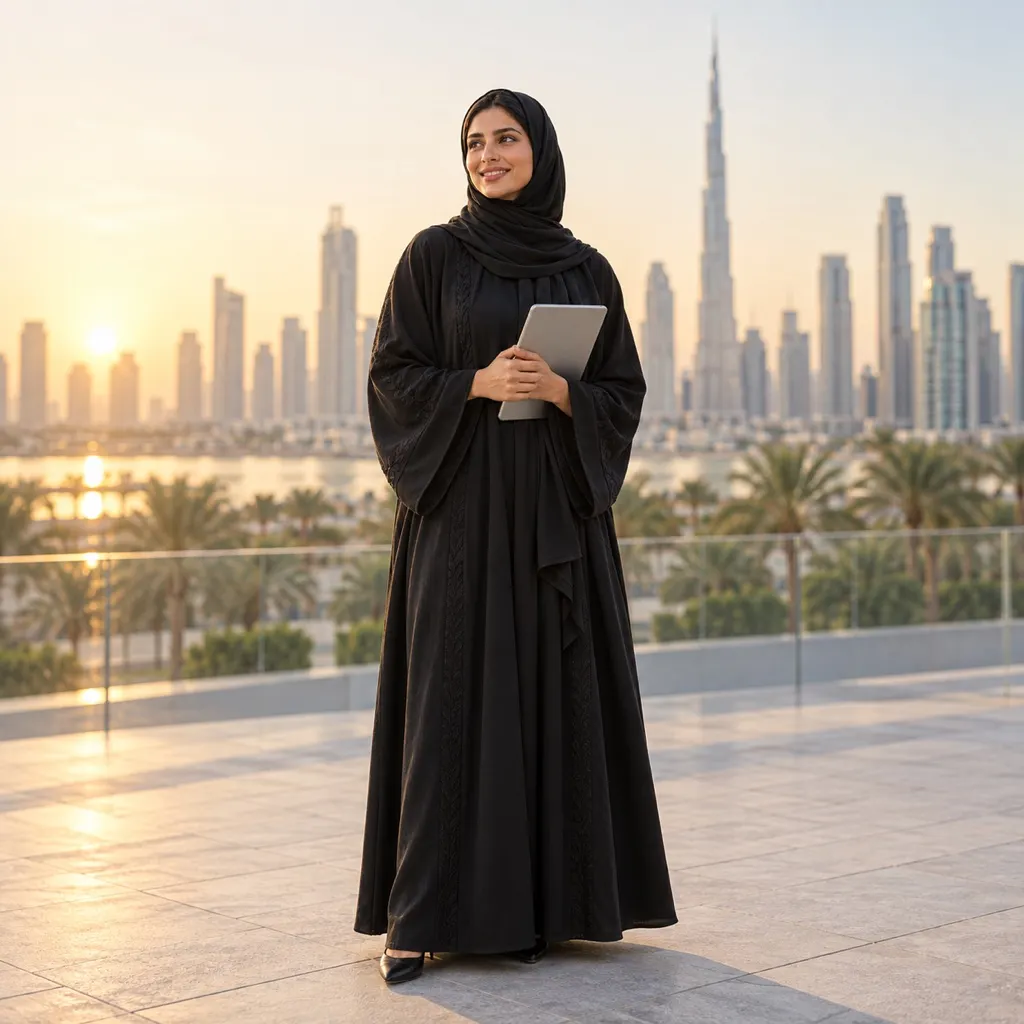 Professional woman in the UAE holding a tablet